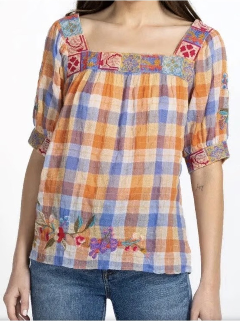 Johnny Was Workshop Petunia Square Neck Plaid Park Floral Embroidered Blouse S